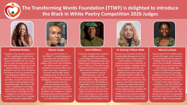 The Transforming Words Foundation is delighted to introduce the Black in White Poetry Competition 2026 Judges
